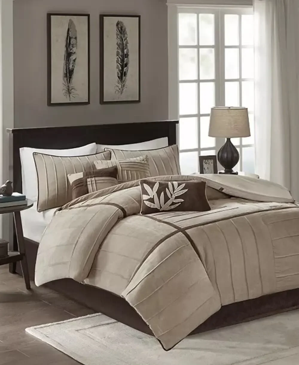 NEW! Madison Park Meyers/Dune 7PC Faux Suede Comforter Set King Beige